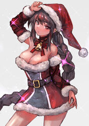  absurdres bare_shoulders bell belt blush bow bowtie braid breasts brown_hair christmas cleavage detached_sleeves dress ear_piercing fate/grand_order fate_(series) female fur-trimmed_dress fur-trimmed_headwear fur_trim grey_background hat highres long_hair looking_at_viewer medium_breasts neck_ribbon piercing red_bow red_bowtie red_dress red_eyes red_hat red_ribbon ribbon sabamiso_taro santa_hat sidelocks simple_background single_braid solo sparkle thighs very_long_hair yu_mei-ren_(fate) 