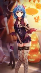  black_sleeves blue_hair blurry blurry_background blush breasts bridal_gauntlets cleavage collarbone demon_tail detached_sleeves doukyuusei_2 doukyuusei_another_world embarrassed female game_cg halloween halloween_costume horns large_breasts leotard long_hair long_sleeves microskirt open_mouth pumpkin purple_leotard purple_skirt red_wings skirt solo_focus tail thighhighs wings yasuda_azumi yellow_eyes 