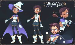  1other alternate_costume bird boots cape commentary dark_skin female gloves hat highres luz_noceda magical_girl min_dei_bae one_eye_closed owl owlbert_(the_owl_house) pantyhose short_hair shorts smile staff the_owl_house tongue tongue_out white_gloves white_headwear witch witch_hat 