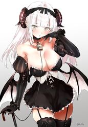  bad_id bad_twitter_id bat_wings blunt_bangs breasts cane choker cleavage corset detached_sleeves female garter_straps highres horns original shunsei_(muratou) solo thighhighs white_background white_hair wings 