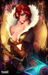  bare_shoulders blue_eyes breasts cleavage curly_hair eyebrows feather_collar female head_tilt high_collar highres holding holding_weapon jacket lips looking_at_viewer medium_breasts medium_hair no_bra off_shoulder parted_lips photoshop_(medium) red_(transistor) red_hair revision short_hair solo the_transistor transistor_(game) tsuaii watermark weapon web_address 