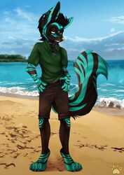  2016 4_toes anthro barefoot beach bedroom_eyes biped black_body black_bottomwear black_claws black_clothing black_fur black_hair black_shorts blue_body blue_fur blue_pawpads bottomwear canid canine claws clothed clothing collar day detailed_background digital_media_(artwork) digitigrade dracony_windfall feet fennec_fox fingers fluffy fluffy_ears fluffy_tail fox fully_clothed fur grass green_clothing green_eyes green_shirt green_topwear grin hair half-closed_eyes hands_on_hips hi_res island jewelry light long_ears looking_at_viewer lukurio male mammal narrowed_eyes naughty_face necklace no_shoes outside pawpads paws pink_nose plant polo_shirt raised_tail ring sand seaside seductive shaded shadow shirt short_hair shorts signature sky smile solo sparkles standing striped_body striped_fur stripes suggestive suggestive_pose suggestive_posing summer sunlight tail teeth text toes topwear tree true_fox water wave whiskers 