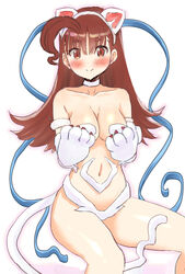  animal_ears animal_hands big_hair breasts brown_eyes cat_ears cat_girl cat_tail commentary_request cosplay cowboy_shot felicia_(vampire) felicia_(vampire)_(cosplay) female gloves highres kantai_collection kujira_naoto large_breasts long_hair looking_at_viewer navel ooi_(kancolle) paw_gloves revealing_clothes revision simple_background solo tail vampire_(game) white_background white_fur 