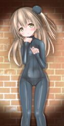  beatrice_(princess_principal) beatrice_(princess_principal)_(cosplay) black_bodysuit blush bodysuit brick_wall brown_eyes bun_cover commentary_request cosplay covered_navel female flat_chest frown girls_und_panzer girls_und_panzer_senshadou_daisakusen! groin hair_bun head_tilt highres langley1000 light_brown_hair long_sleeves looking_at_viewer one_side_up parted_lips partial_commentary princess_principal shimada_arisu single_hair_bun single_side_bun solo spotlight standing 