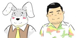  2016 andikapatok anthro black_nose blush closed_eyes clothing duo fur grey_body grey_fur human kemono lagomorph leporid male mammal necktie rabbit shirt simple_background topwear white_background 