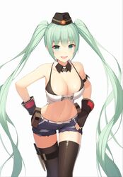  :d aqua_eyes aqua_hair armpits bare_shoulders belt belt_pouch black_gloves black_hat black_thighhighs breasts cleavage collarbone commentary_request crop_top cutoffs denim denim_shorts detached_collar female fingerless_gloves garrison_cap girls&#039;_frontline gloves hat herol highres holster large_breasts long_hair looking_at_viewer micro_uzi_(girls&#039;_frontline) micro_uzi_(mod3)_(girls&#039;_frontline) midriff navel oerba_yun_fang open_mouth pouch short_shorts shorts simple_background sleeveless smile solo standing thigh_strap thighhighs thighs twintails very_long_hair white_background 