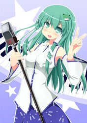  blue_skirt blush breasts collared_shirt commentary_request cookie_(touhou) cowboy_shot detached_sleeves female frog_hair_ornament green_eyes green_hair hair_ornament hair_tubes highres holding holding_microphone_stand kochiya_sanae long_hair looking_at_viewer medium_breasts microphone_stand nontraditional_miko open_mouth paseri_(cookie) shirt skirt sleeveless sleeveless_shirt smile snake_hair_ornament solo star_(symbol) szk touhou v white_shirt 