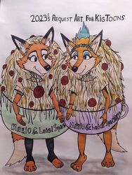  3:4 absurd_res anthro canid canine clothing costume darma_(rock_dog) duo female food food_costume fox hi_res lil&#039;_foxy mammal meatball meatball_costume pasta rock_dog spaghetti spaghetti_costume 