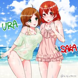  2girls aho_no_sakata bad_id bad_pixiv_id beach bikini breasts brown_hair dress green_nails multiple_girls outdoors pink_dress rummy_73 sakako_(aho_no_sakata) short_hair swimsuit tongue tongue_out urako_(uratanuki) urashimasakatasen uratanuki utaite 