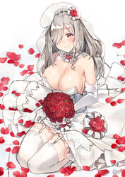  bouquet braid breasts bridal_gauntlets bridal_veil bride cleavage commentary_request dress elbow_gloves female flower g36c_(girls&#039;_frontline) g36c_(you_who_steps_up)_(girls&#039;_frontline) garter_straps girls&#039;_frontline gloves hair_over_one_eye highres holding holding_bouquet large_breasts long_hair looking_at_viewer official_alternate_costume petals red_eyes red_flower red_rose rose rose_petals seiza shirosaba single_braid sitting smile solo strapless strapless_dress thighhighs veil wedding_dress white_dress white_gloves white_hair white_thighhighs 