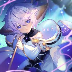  +_+ ahoge animal_ears bubble etomai female granblue_fantasy hair_between_eyes harvin highres hood looking_at_viewer open_mouth purple_eyes purple_hair robe solo staff thighhighs wamdus_(granblue_fantasy) 