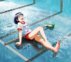  :d barefoot black_hair broom buruma chutohampa closed_eyes day empty_pool feet female gym_uniform knee_up laughing legs original outdoors pool rain ripples shirt short_hair sitting smile soles solo swimsuit swimsuit_under_clothes t-shirt toes underwear white_shirt 