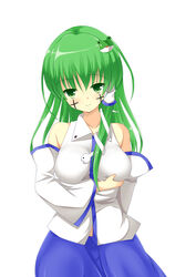  absurdres blue_skirt breasts closed_mouth collared_shirt commentary_request cookie_(touhou) cowboy_shot cross detached_sleeves facepaint female frog_hair_ornament grabbing_own_breast green_eyes green_hair hair_ornament hair_tubes highres kochiya_sanae large_breasts long_hair looking_at_viewer nontraditional_miko paseri_(cookie) shirt simple_background skirt sleeveless sleeveless_shirt smile snake_hair_ornament solo szk touhou white_background white_shirt white_sleeves 