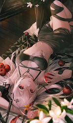  absurdres apple arknights bikini black_bikini breasts feet_out_of_frame female flower food fruit hair_flower hair_ornament highres holding holding_food holding_fruit horns jewelry long_hair lying material_growth monge_baby mudrock_(arknights) mudrock_(silent_night)_(arknights) necklace official_alternate_costume oripathy_lesion_(arknights) parted_lips red_eyes sarong solo swimsuit thighs white_hair 