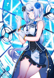  adjusting_clothes adjusting_gloves bare_legs bare_shoulders blue_eyes blue_flower blue_rose braid breasts closed_mouth commentary_request cowboy_shot female flower frilled_skirt frills gloves hair_flower hair_ornament hairclip hands_up highres kippeijii long_hair looking_at_viewer magia_record:_mahou_shoujo_madoka_magica_gaiden magical_girl mahou_shoujo_madoka_magica medium_breasts rose skirt smile solo white_gloves white_hair yakumo_mitama 