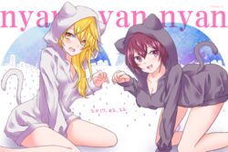  2girls animal_costume animal_ears bad_id bad_pixiv_id blonde_hair cat_costume cat_ears catsuit hood hoodie long_hair multiple_girls open_mouth purple_eyes purple_hair rummy_73 senko_(urashimasakatasen) senra_(utaite) shima_(utaite) shimako_(urashimasakatasen) short_hair tail tears urashimasakatasen utaite yellow_eyes 