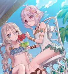  2girls antenna_hair bikini blue_eyes braid casual_one-piece_swimsuit chair closed_mouth collarbone cup day drinking_straw dual_persona dutch_angle elf eyes_visible_through_hair flat_chest flower frilled_bikini frills grey_eyes hair_between_eyes hair_bobbles hair_flower hair_ornament holding holding_cup kokkoro_(princess_connect!) kokkoro_(real)_(princess_connect!) long_hair looking_at_viewer masami_(souzou_jinsei_sanka) multiple_girls navel one-piece_swimsuit outdoors palm_tree parted_lips pointy_ears princess_connect! purple_eyes short_hair sitting sky swimsuit tree twin_braids twintails white_hair 