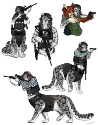  2022 5_fingers absurd_res ambiguous_form arm_tuft armor auburn_hair black_nose body_armor brown_hair bulletproof_vest canid canine claws clothing digitigrade duo elbow_tuft felid felid_taur finger_claws fingers fox fur gloves_(marking) grey_body grey_claws grey_fur gun hair handgun hi_res holding_gun holding_object holding_ranged_weapon holding_weapon holster lgbt_pride looking_at_viewer lupinzpack magazine_(gun) magazine_pouch mammal mammal_taur markings multicolored_body multicolored_fur pantherine pantherine_taur patch_(fabric) pattern_clothing pattern_shirt pattern_topwear pink_nose pistol plaid plaid_clothing plaid_shirt plaid_topwear pride_color_patch pride_colors quadruped ranged_weapon rifle sheathed_weapon shirt signature simple_background sitting snow_leopard snow_leopard_taur solo spots spotted_body spotted_fur t-shirt tan_body tan_fur taur topwear trans_(lore) trans_woman_(lore) transgender_pride_colors tuft walking weapon whiskers white_background white_body white_fur yas_(caffeinecollie) 