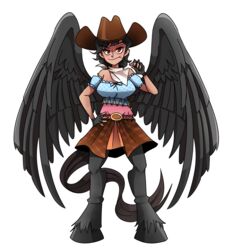  absurdres bandana belt black_hair black_wings blue_shirt brown_headwear brown_skirt cowboy_hat cowboy_western feathered_wings female hat highres hooves horse_girl horse_legs horse_tail kurokoma_saki monster_girl off-shoulder_shirt off_shoulder peargor pegasus_wings ponytail shirt skirt tail toothpick touhou white_bandana wings 