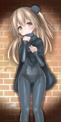  beatrice_(princess_principal) beatrice_(princess_principal)_(cosplay) black_bodysuit black_cape blush bodysuit brick_wall brown_eyes bun_cover cape closed_mouth commentary_request cosplay covered_navel female girls_und_panzer girls_und_panzer_senshadou_daisakusen! groin hair_bun head_tilt highres langley1000 light_brown_hair long_sleeves looking_at_viewer one_side_up partial_commentary princess_principal shimada_arisu single_hair_bun single_side_bun smile solo spotlight standing 