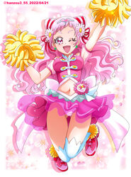  ;d arm_up back_bow boots bow clothing_cutout clover_earrings commentary cone_hair_bun covered_nipples crotch_seam cure_yell dated double_bun earrings female floating floral_background flower full_body hair_bun hair_flower hair_ornament hair_ribbon hanzou heart heart_hair_ornament heart_pouch highres hugtto!_precure jewelry large_bow layered_skirt legs_up long_hair looking_at_viewer magical_girl miniskirt navel_cutout nono_hana one_eye_closed open_mouth panties pantyshot pink_eyes pink_footwear pink_hair pink_panties pink_shirt pink_skirt pom_pom_(cheerleading) precure red_ribbon ribbon shirt short_sleeves shoulder_cutout skirt skirt_flip smile solo sparkle thigh_gap thighhighs twitter_username underwear wavy_hair white_thighhighs 