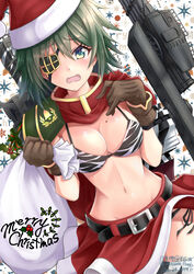  absurdres alternate_costume animal_print armor belt bikini black_belt breasts brown_gloves commentary_request eyepatch female gloves green_eyes green_hair hat highres kantai_collection kiso_(kancolle) kiso_kai_ni_(kancolle) miniskirt navel partial_commentary pauldrons red_hat red_skirt rigging santa_bikini santa_costume santa_hat shoulder_armor skirt small_breasts solo swimsuit tiger_print torpedo_launcher torpedo_tubes turret white_bikini yaegashi_(muzzuleflash) 