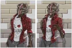  alien bioware bottomwear canadian clothed clothing electronic_arts female green_eyes heart_symbol humanoid looking_at_viewer mass_effect nelsi_(dank_wankem) not_furry open_clothing open_shirt open_topwear outside palavenmoons pants plaid rolled_up_sleeves shirt smile solo standing topwear turian 