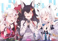  3girls :d ^_^ ahoge animal_ear_fluff animal_ears ayafubumi_(hololive) bell black_hair blush braid breasts choker closed_eyes flipped_hair fox_ears fox_girl fox_shadow_puppet hair_between_eyes hair_down hair_ornament hairclip hakuya_(white_night) highres holding holding_microphone hololive horns instrument japanese_clothes long_hair microphone multicolored_hair multiple_girls music nakiri_ayame nakiri_ayame_(1st_costume) oerba_yun_fang official_alternate_costume oni ookami_mio ookami_mio_(casual) open_mouth red_hair shirakami_fubuki shirakami_fubuki_(1st_costume) side_braid singing skin-covered_horns smile streaked_hair tail tambourine very_long_hair virtual_youtuber white_hair wolf_ears wolf_girl wolf_tail 