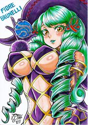  argyle_cutout black_gloves black_hat breasts clothing_cutout commentary_request dated drill_hair elbow_gloves female fiore_brunelli gengoro_akemori gloves green_hair green_lips hair_ornament hat highres large_breasts lipstick long_hair looking_at_viewer makeup orb revealing_clothes signature simple_background solo star_ocean star_ocean_integrity_and_faithlessness twin_drills white_background wings witch_hat yellow_eyes 