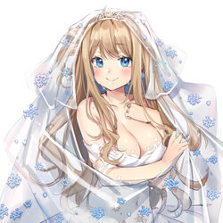  bare_shoulders blue_eyes blush breasts bridal_veil cleavage covered_navel douya_(233) dress female girls&#039;_frontline large_breasts looking_at_viewer official_alternate_costume smile snowflake_print solo suomi_(blissful_mission)_(girls&#039;_frontline) suomi_(girls&#039;_frontline) upper_body veil wedding_dress white_background white_dress 