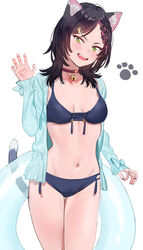  animal_ear_fluff animal_ears aqua_jacket bell bikini black_hair blue_bikini braid breasts breasts_apart cat_ears cat_girl cat_tail collar cowboy_shot female fumi-chan_(subachi) green_eyes groin hair_ornament hairclip hand_up highres innertube jacket long_hair long_sleeves multicolored_hair navel neck_bell open_clothes open_jacket open_mouth original paw_print simple_background single_braid small_breasts smile solo streaked_hair subachi swim_ring swimsuit tail teeth upper_teeth_only white_background 