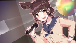  :d animal_ears brown_eyes brown_hair commission disco_ball female hair_bun hand_on_own_hip highres holding holding_microphone indoors long_sleeves microphone music open_mouth school_uniform serafuku short_hair singing single_hair_bun smile solo taena upper_body 