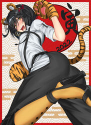  1boy 2022 absurdres animal_ears blush cat_ears cat_tail chinese_zodiac collarbone commentary crossed_bangs fangs hair_between_eyes hair_ornament highres karasu_(jjwh2832) looking_at_viewer male_focus mashiro_meme mashiro_meme_(1st_costume) medium_hair nijisanji open_mouth pantyhose shirt short_sleeves sidelocks smile solo tail tiger_ears virtual_youtuber white_shirt year_of_the_tiger yellow_eyes yellow_pantyhose 