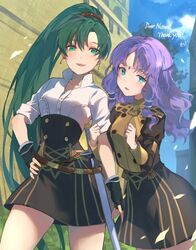  2girls belt black_skirt blue_eyes breasts building circlet english_text fingerless_gloves fire_emblem fire_emblem:_the_blazing_blade fire_emblem:_three_houses florina_(fire_emblem) garreg_mach_monastery_uniform gloves grass green_eyes green_hair hand_on_own_hip high-waist_skirt highres katana kiriyama2109 locked_arms looking_at_viewer lyn_(fire_emblem) medium_breasts multiple_girls purple_hair shirt skirt smile sword thighs weapon white_shirt 