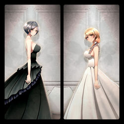  2girls absurdres bad_id bad_pixiv_id black_border black_dress blonde_hair blush border contrast dress hair_between_eyes hair_over_shoulder hayami_kanade highres hitofudegaki_usagi hojo_karen idolmaster idolmaster_cinderella_girls looking_at_viewer looking_to_the_side monochrome_lily_(idolmaster) multiple_girls parted_bangs side_ponytail sleeveless sleeveless_dress smile strapless strapless_dress symmetry white_dress 