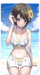  adjusting_hair alternate_costume ao_ne aqua_eyes arm_support beach bikini bird blush breasts brown_hair cleavage closed_mouth cloud cloudy_sky collarbone commentary_request cowboy_shot embarrassed female flower hair_flower hair_ornament hand_up head_tilt highres hololive large_breasts legs_together looking_at_viewer navel oozora_subaru outdoors seagull shadow short_hair sidelocks sitting skindentation sky solo swept_bangs swimsuit thighs virtual_youtuber water wet white_bikini yellow_bikini 