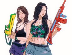  abs aespa alternate_breast_size belt black_belt black_eyes black_hair black_one-piece_swimsuit blue_shorts breasts brown_eyes casual_one-piece_swimsuit cbb_(tuucoo) cleavage collarbone crop_top female holding holding_water_gun k-pop karina_(aespa) large_breasts long_hair looking_at_viewer medium_breasts mole mole_under_mouth navel one-piece_swimsuit parted_lips real_life shorts swimsuit water_gun white_background winter_(aespa) 