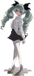  anchovy_(girls_und_panzer) anzio_school_uniform arms_behind_back black_ribbon black_skirt commentary dress_shirt drill_hair female from_side full_body girls_und_panzer green_hair grey_footwear hair_ribbon high_heels highres long_hair long_sleeves looking_at_viewer miniskirt mityubi pantyhose parted_lips pleated_skirt red_eyes ribbon round_eyewear school_uniform shirt shoes simple_background skirt smirk smug solo standing twin_drills twintails white_background white_pantyhose white_shirt wing_collar 