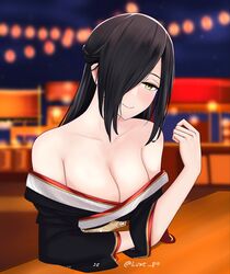  azur_lane bad_id bad_pixiv_id bare_shoulders black_hair black_kimono blurry blurry_background breasts brown_eyes cleavage collarbone english_commentary female festival friedrich_der_grosse_(azur_lane) friedrich_der_grosse_(dark_raiments_of_gagaku)_(azur_lane) hair_over_one_eye highres japanese_clothes kimono lantern large_breasts long_hair luxe new_year off_shoulder official_alternate_costume solo twitter_username 