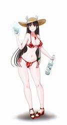  alternate_costume bikini black_hair bottle breasts cup drinking_glass female hair_ribbon hat highres hime_cut hiyou_(kancolle) holding holding_bottle holding_cup kantai_collection long_hair medium_breasts osage_gankyou red_bikini red_eyes ribbon side-tie_bikini_bottom smile solo standing straw_hat string_bikini sun_hat swimsuit white_ribbon 