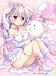  ameto_yuki animal_ears ankle_socks bare_shoulders blanc_(ameto_yuki) blush breasts cleavage commentary_request cover_image crescent crescent_hair_ornament detached_collar dress female floppy_ears frilled_dress frills hair_ornament highres large_breasts long_hair looking_at_viewer original rabbit_ears rabbit_tail red_eyes sitting socks solo strapless strapless_dress tail thigh_strap twintails white_hair 