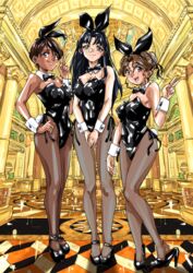  3girls animal_ears black_bow black_bowtie black_hair black_leotard bow bowtie breasts brown_eyes brown_hair cleavage commentary_request dark-skinned_female dark_skin detached_collar fujiwara_aya full_body green_eyes hair_bun hayasaka_akira high_heels highres indoors leotard long_hair looking_at_viewer medium_breasts multiple_girls pantyhose playboy_bunny rabbit_ears rabbit_tail satou_miyou short_hair single_hair_bun standing super_real_mahjong tail toono_mizuki wrist_cuffs 