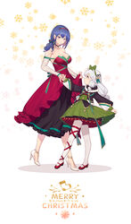  2girls absurdres animal_ears bare_shoulders black_dress black_jacket blue_eyes blue_hair blush braid breasts christmas cleavage closed_mouth commentary detached_sleeves douwo_mkd dp-12_(girls&#039;_frontline) dress earrings full_body girls&#039;_frontline green_skirt grey_hair hair_between_eyes hair_over_shoulder hairband highres jacket jewelry ksvk_(girls&#039;_frontline) lace_sleeves large_breasts long_hair mother_and_daughter multiple_girls red_dress sidelocks skirt skirt_hold smile standing two-tone_dress very_long_hair 