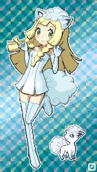  alolan_vulpix alolan_vulpix_(cosplay) blonde_hair blue_eyes blush_stickers boots commentary cosplay female green_eyes highres homu_c leg_up lillie_(pokemon) looking_at_viewer pixel_art pokemon pokemon_(anime) pokemon_(creature) pokemon_sm_(anime) smile tail thigh_boots thighhighs 