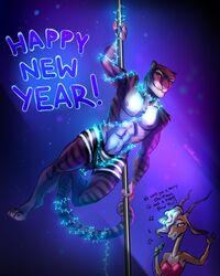  2022 abs antelope anthro av_malina bottomwear bovid bra breasts christmas_lights clothed clothing countershading dancing disney duo electronics english_text felid female gazelle gazelle_(zootopia) hi_res horn long_neck looking_at_viewer male mammal microphone muscular muscular_male new_year_2022 pantherine pole pole_dancing shorts signature stripes text tiger tiger_dancer_(zootopia) topless underwear zootopia zootopia_shorts 