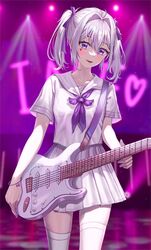  blouse bukkuming cowboy_shot electric_guitar female fender_stratocaster grey_skirt guitar hair_between_eyes highres ine_(vtuber) instrument korean_commentary looking_at_viewer neckerchief open_mouth pleated_skirt purple_eyes purple_neckerchief sailor_collar shirt short_sleeves skirt solo thighhighs twintails virtual_youtuber waktaverse white_hair white_shirt white_thighhighs 