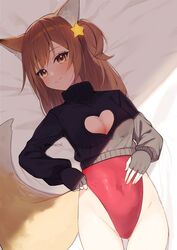  animal_ear_fluff animal_ears annytf black_gloves black_sweater breasts brown_eyes brown_hair cleavage cleavage_cutout clothing_cutout commentary_request commission cropped_sweater female fingerless_gloves fox_ears fox_girl fox_tail gloves groin hair_ornament hand_on_own_stomach heart_cutout highleg highleg_leotard highres indie_virtual_youtuber leotard leotard_pull leotard_under_clothes long_hair lying mirai_(mirai76_) no_pants on_back one_side_up pulling_own_clothes red_leotard skeb_commission smile solo star_(symbol) star_hair_ornament sweater tail thigh_gap thighs virtual_youtuber 