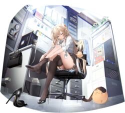  :o absurdres adjusting_clothes adjusting_legwear analog_clock azur_lane bag black_footwear black_thighhighs blonde_hair blue_eyes breasts cabinet calendar_(object) chair chromatic_aberration cleavage clock collared_shirt computer cup desk disposable_coffee_cup disposable_cup dressing english_text feet female file_cabinet gorizia_(azur_lane) gorizia_(unrequited_office_love?)_(azur_lane) hair_between_eyes high_heels highres id_card indoors lanyard long_hair manjuu_(azur_lane) mole mole_on_thigh monitor namyo non-web_source office_lady official_alternate_costume official_art plaid plaid_skirt poster_(object) shirt sitting skirt sticky_note thighhighs thighs trash_can twintails very_long_hair white_shirt 