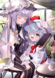  2girls absurdres artistic_error belt blue_hair blunt_bangs blurry blurry_foreground blush book closed_eyes crescent_moon dress fangs frilled_sleeves frills hair_ribbon hat hat_ribbon highres mob_cap moon multiple_girls omodaka_romu one_eye_closed open_mouth patchouli_knowledge plant puffy_sleeves purple_hair red_eyes red_ribbon remilia_scarlet ribbon striped_clothes striped_dress table touhou tress_ribbon vertical-striped_clothes vertical-striped_dress white_headwear wide_sleeves wrong_hand 