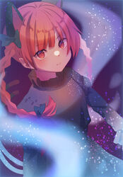  animal_ears bad_id bad_pixiv_id braid breasts cat_ears dress extra_ears female green_dress highres juliet_sleeves kaenbyou_rin karamaru626 light_particles light_smile long_sleeves medium_breasts oerba_yun_fang puffy_sleeves purple_background red_eyes red_hair simple_background solo touhou twin_braids twintails upper_body 